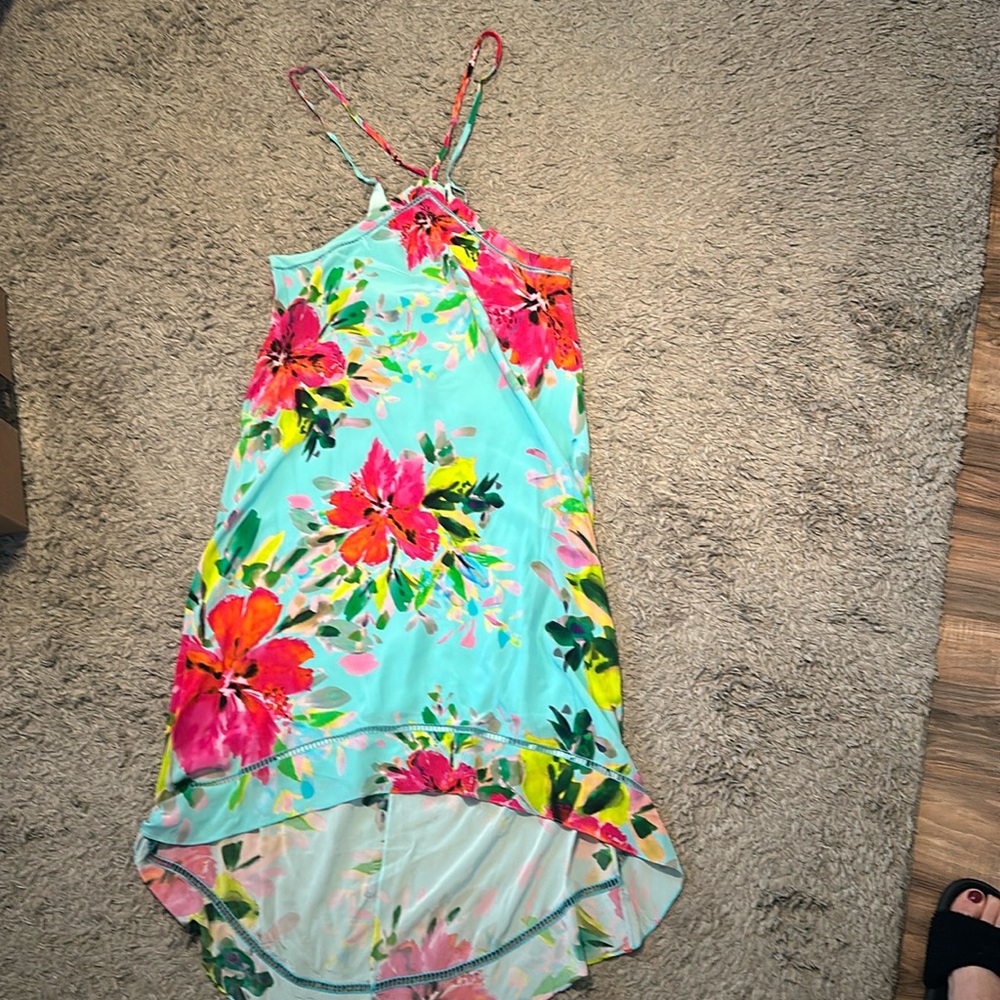 Trina Turk silk dress. Bright teal with multi colored Flowers. Size medium